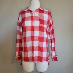 Old Navy Size L Red and White Plaid Check Shirt Tunic Top Blouse For Woman